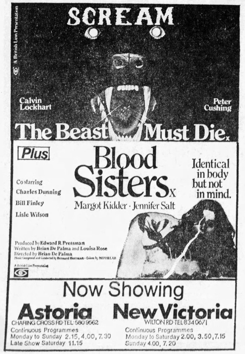 Mag1cH0ur's tweet photo. On this day, May 9th, 1974, Brian De Palma's BLOOD SISTERS, starring Margot Kidder, opened in London with THE BEAST MUST DIE, starring Peter Cushing.. https://t.co/rRYYlq5m4P
