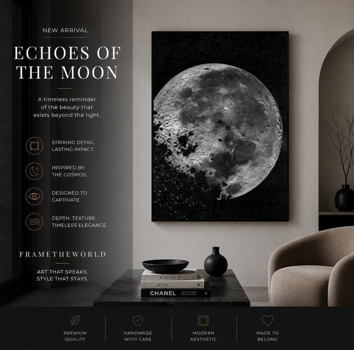 FrameTheWorldUk's tweet photo. Some pieces don’t just decorate a wall —  
they change the atmosphere of an entire room. 🌑

“Echoes of the Moon” captures silence, depth, and the mystery of the night sky in one timeless statement piece.

Bold. Minimal. Celestial.

#EchoesOfTheMoon #MoonArt #ModernWallArt #MinimalInterior #BlackAndWhiteArt #LuxuryDecor #StatementPiece #ContemporaryArt #InteriorStyling #DarkAesthetic #ModernHome #FrametheWorld #SpaceInspired #DesignerInteriors