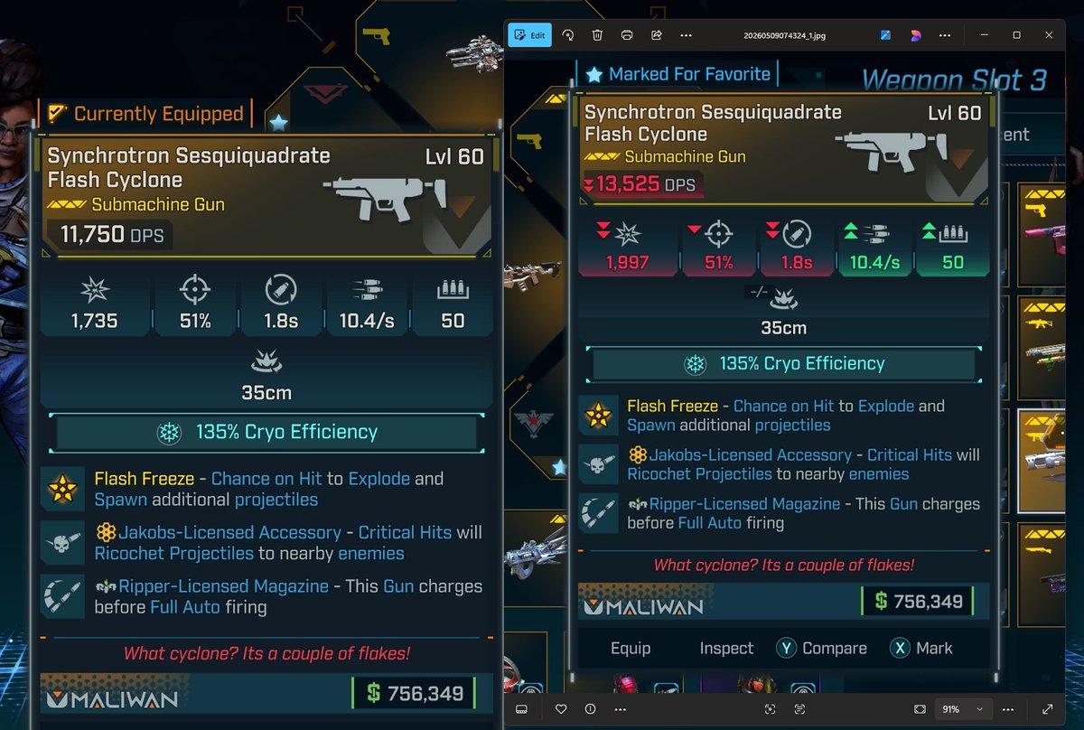 Ki11ersix's tweet photo. We thought that maybe the Maliwan SMG buff only applied to BASE GAME Maliwan SMGs because of the wording in the recent update, but here's Flash Cyclone, before and after the change. #Borderlands4 https://t.co/UgGHJk3kMl