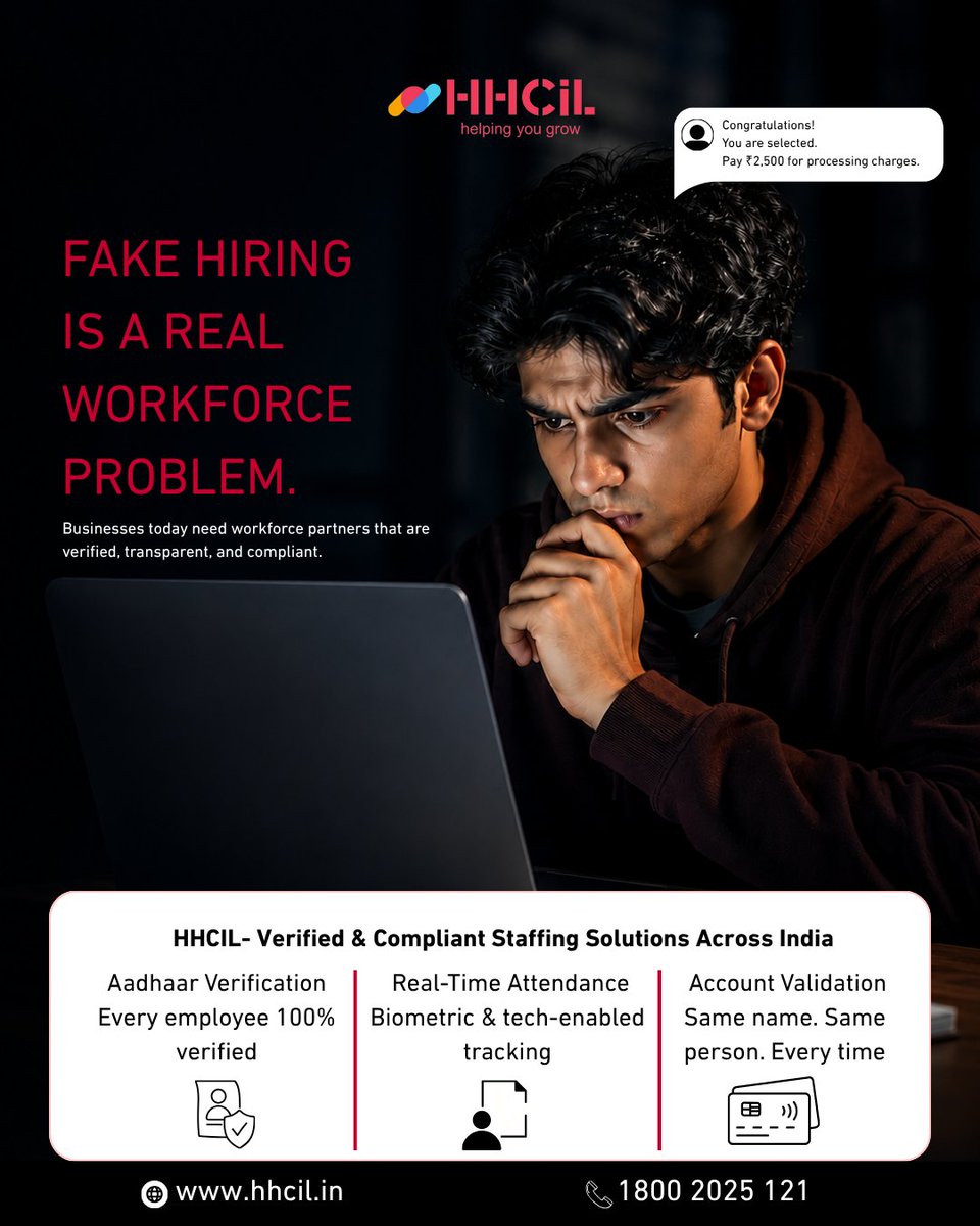 HumanHitech's tweet photo. 49% of Gen Z professionals nearly fell for fake job listings. Fake hiring and unverified recruitment practices are becoming a serious workforce challenge.
Contact us today to build a compliant workforce ecosystem for your business.

#HHCIL #Hiring #Staffing #Compliance https://t.co/vptoUZ63lh