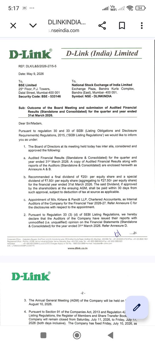 Gauravjaggi6's tweet photo. @ZeeBusiness   @AnilSinghvi_   @CNBCTV18Live  @CNBC_Awaaz 
#DLINKINDIA announces Rs.20+ a special dividend of 7.50 rs 🚀🚀🚀🚀 https://t.co/uo0u2phsWr