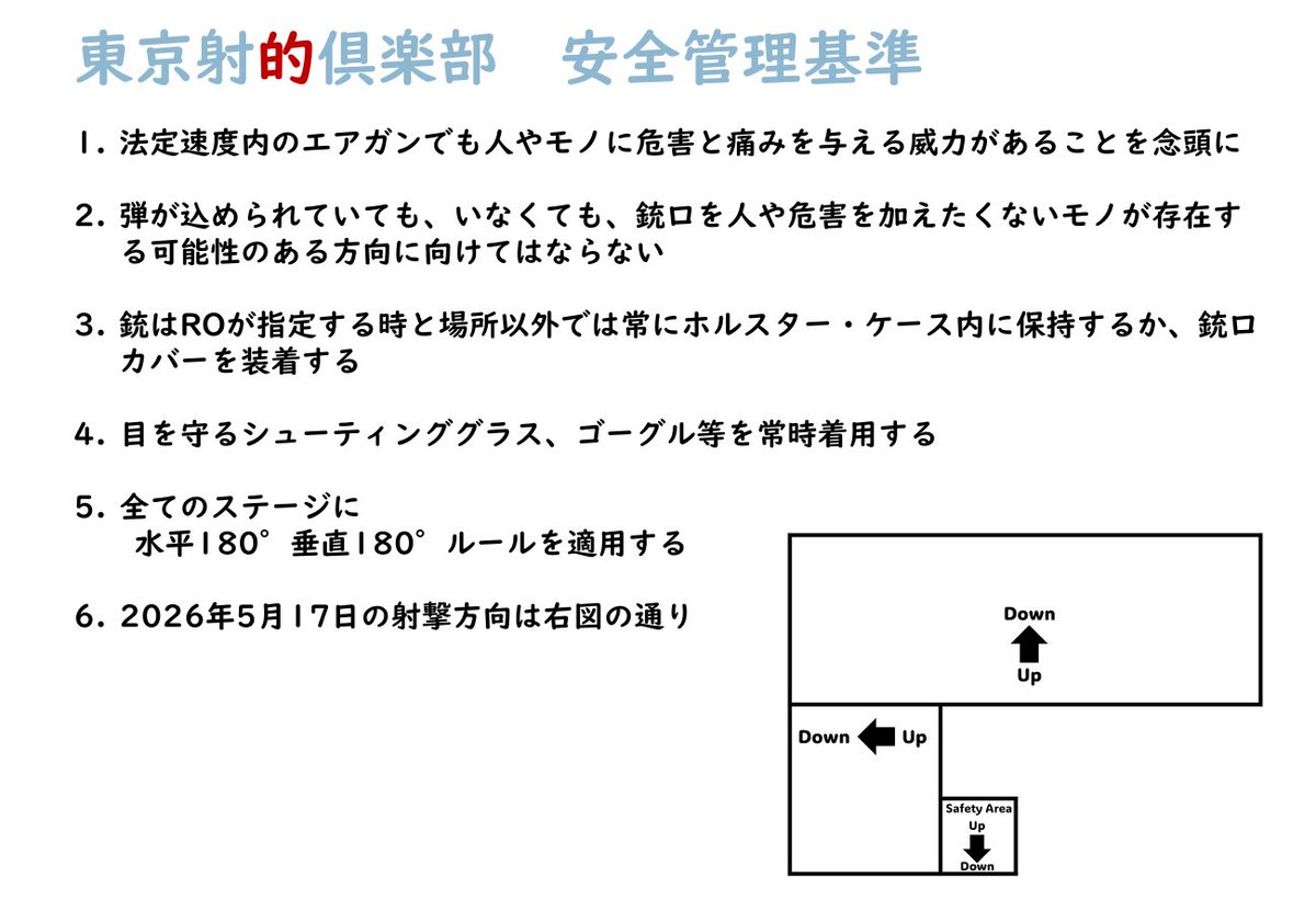東京射的俱楽部 コンシールドマッチ
2026年5月17日（日）11:00–16:00
＜ 時間割・受付手順・免責事項・持ち物・安全管理基準＞

終了後は、葛飾で懇親会、秋葉原でアンリミ練習、新宿でATPF、目白でサックスライブなど、充実した一日をお過ごしください。