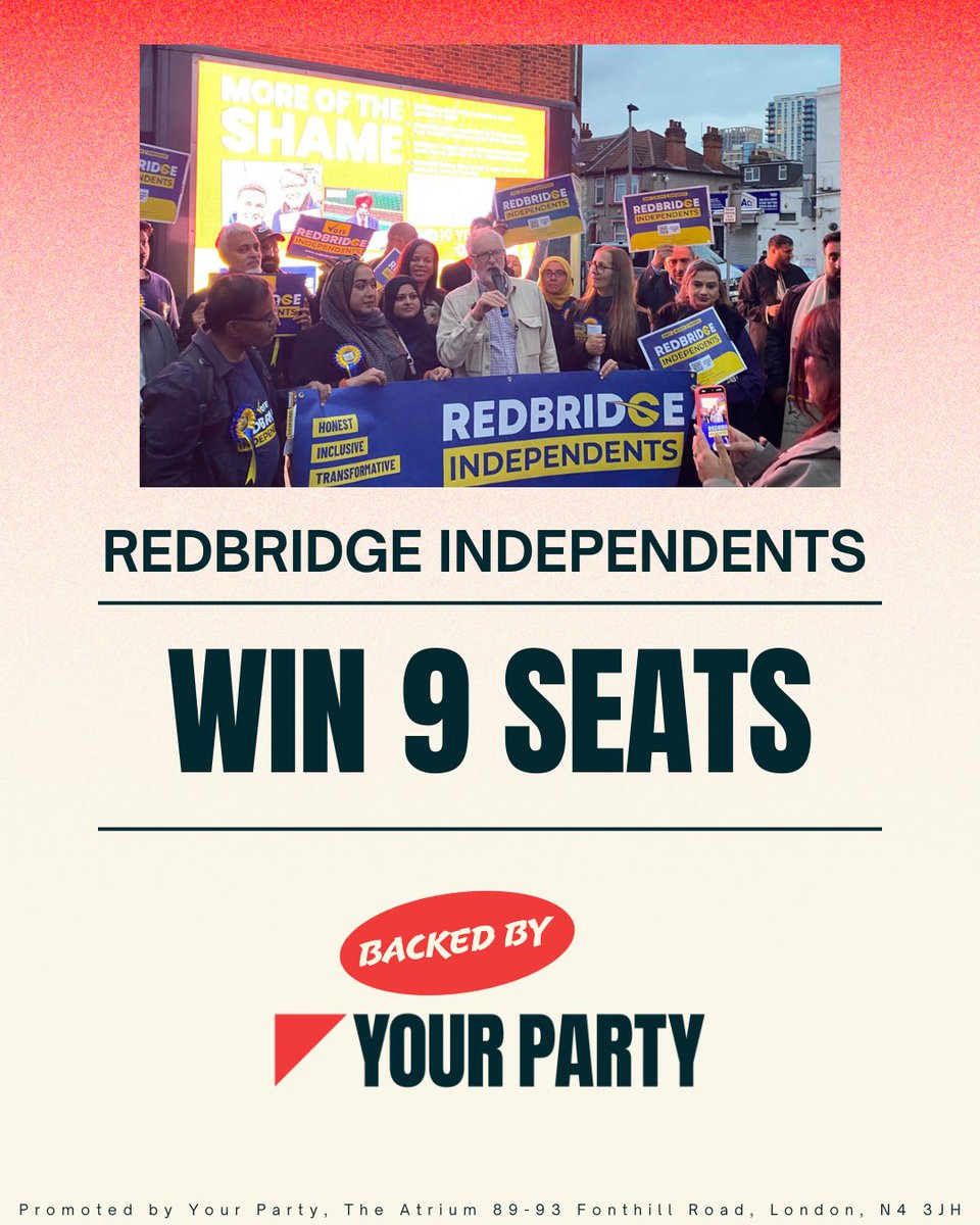 Last year, when Your Party’s spokesperson <a href="/cllrbegum/">Cllr Noor Jahan Begum</a> won a shock by-election victory in Wes Streeting’s back yard, <a href="/wesstreeting/">Wes Streeting</a> admitted he was "toast" at the next general election.

Well Noor &amp; the <a href="/RedbridgeIndys/">Redbridge Independents</a> have done it again, winning 9 seats on the council. Congrats!🎉