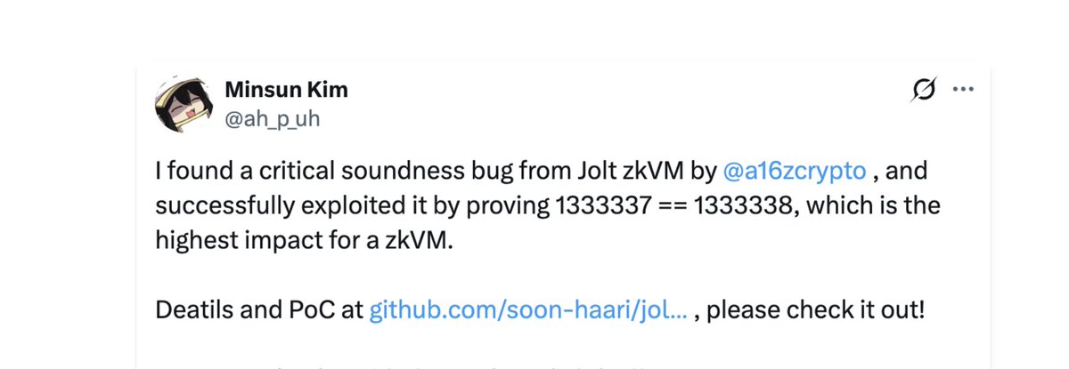 zksecurityXYZ's tweet photo. Breaking Jolt’s Verifier with an Unbound Uni-skip Claim
https://t.co/l7yrh67T6v https://t.co/gxXfPSqlgB