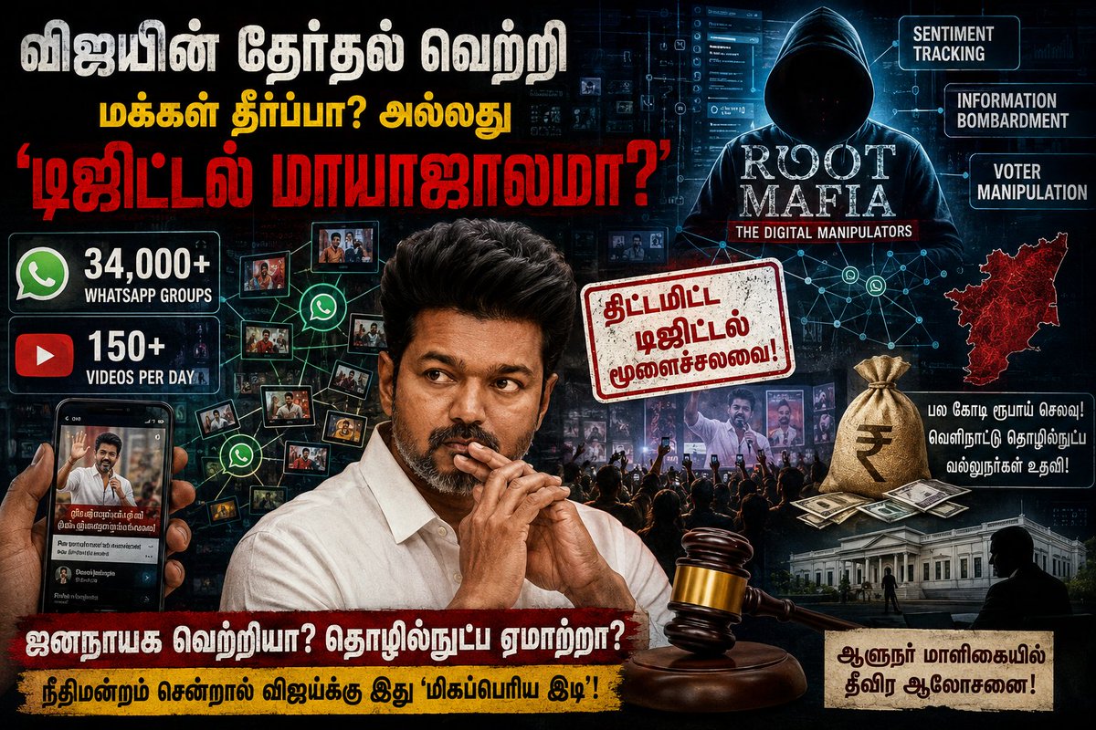 pgopi1985's tweet photo. “மக்கள் ஆதரவா? அல்ல டிஜிட்டல் மாயாஜாலமா?
34,000+ WhatsApp குழுக்கள் நாளுக்கு 150+ வீடியோக்கள் சென்டிமென்ட் டிராக்கிங்
இது இயல்பான அரசியல் அல்ல, டிஜிட்டல் மூளைச்சலவைதான்.
‘தூய அரசியல்’ என்ற முகமூடியின் பின்னால், ஒரு பெரிய டிஜிட்டல் மாயாஜாலம் நடந்து இருக்கிறது.
#RootMafia https://t.co/v6wPKynAAT
