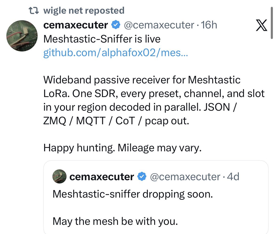 cemaxecuter's tweet photo. If meshtastic-sniffer suddenly gets a Wigle wardriving mode.. this will be the inspiration. Thanks @wiglenet https://t.co/2WIIAeQzy1