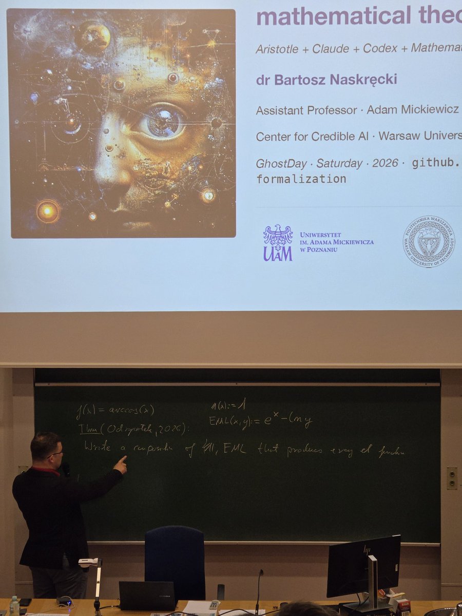 jakub_bilski's tweet photo. "Automatic verification of mathematical theorems with AI"

Dr Bartosz Naskręcki (@nasqret) is cooking up a solid portion of math at GHOST Day: AMLC 2026 🔴👻

@ghostdayamlc https://t.co/SG1airGKz2