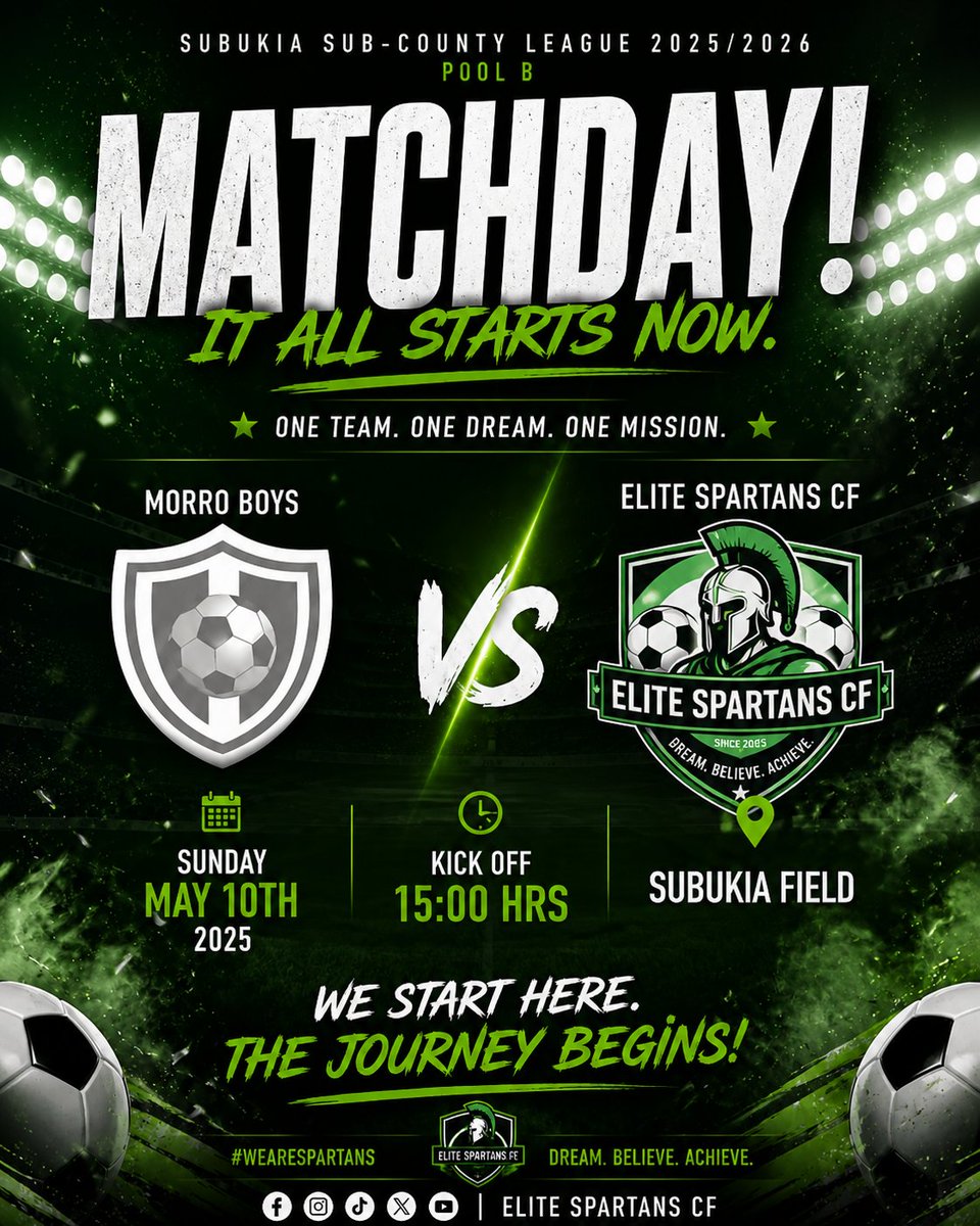 cfelitespartans's tweet photo. 🟢 MATCHDAY 🟢

The wait is over!

Elite Spartans CF kicks off the 2025/2026 Subukia Sub-County League campaign tomorrow 10/06/26 against Morro Boys ⚔️
⏰ 3:00 PM
📍 Subukia Primary Grounds

Dream | Believe | Achieve 💚

#WeAreSpartans #EliteSpartansCF https://t.co/wFWzzyDB3L