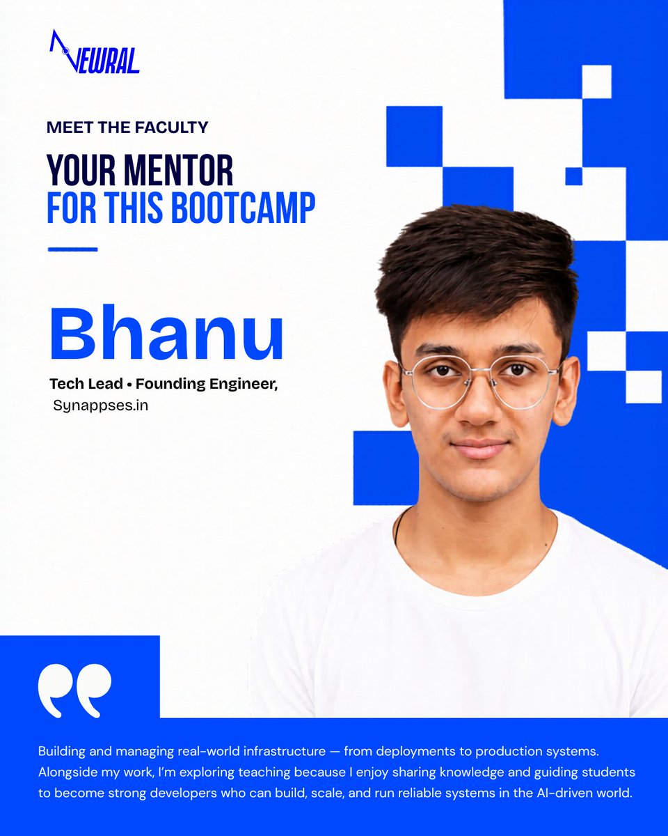 Meet Bhanu — Tech Lead &amp; Founding Engineer at Synappses ⚡
Building scalable systems, managing real-world infrastructure, and now mentoring the next generation of developers at Newral. 

 #AI #Developers #TechTwitter #BuildInPublic #SoftwareEngineering #Coding #Developer #AI  e