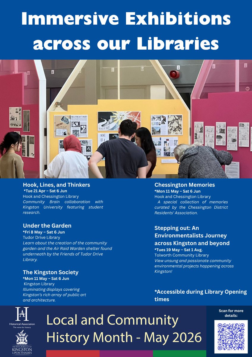 RBKheritage's tweet photo. 📍For local and Community History Month, there will be immersive exhibitions across our libraries. Discover exciting local history, communities and artists! All events are free and open to everyone. The exhibitions are drop in, but please note that the guest speaker talks require a booking online.

👉Find out more on the Kingston Library website.
https://t.co/cVnUppSSrj

#kingstonuponthames #kingston #kingstonlibrary #exhibition #localandcommunityhistorymonth #localandcommunityhistorymonth2026