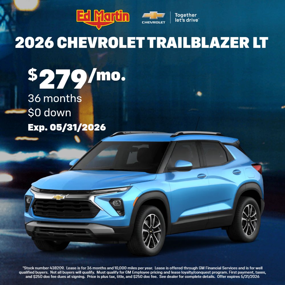 EdMartinChevCad's tweet photo. 🚗✨ Drive Home Happy in May at Ed Martin Chevrolet! ✨🚗
👉 Check out all our current specials here: https://t.co/RCIfENo49f
#ChevyTrailblazer #Silverado #Equinox #ChevyTrax #Chevrolet #DriveHomeHappy https://t.co/OtmPtv9591