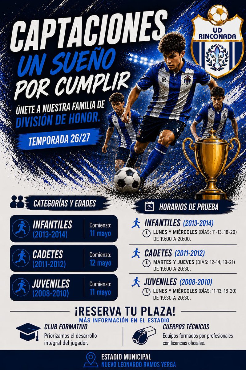 💙 ¡¡CAPTACIONES DE FUTBOL 11!!

🙌🏻 ¡¡La Rinconada busca talentos, te estamos buscando a ti!! Ven y forma parte de la familia rinconera. ¡Os esperamos!

#unsueñoporcumplir