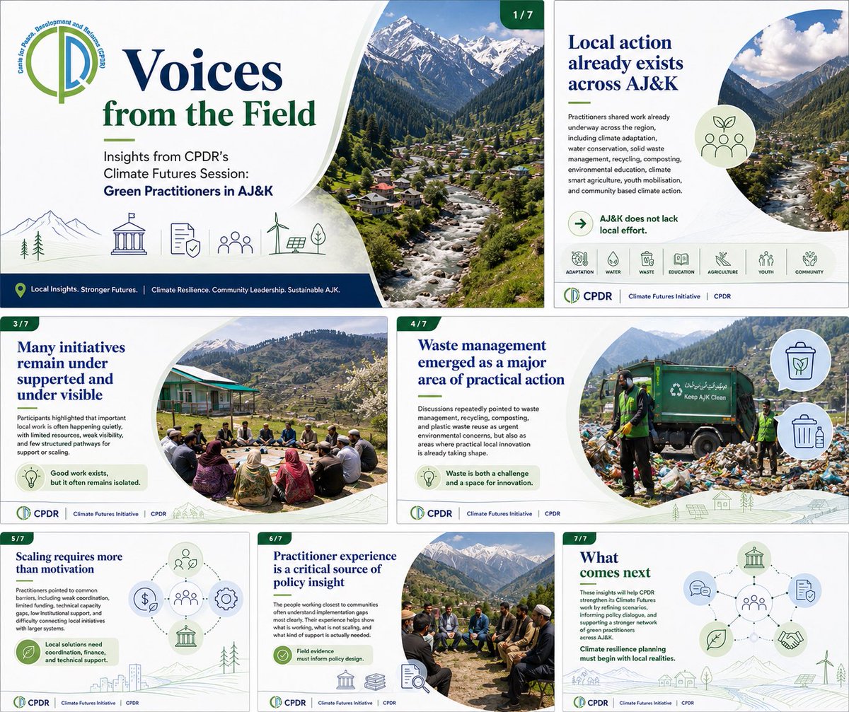 cpdrajk's tweet photo. Local climate work is happening across AJ&amp;K.

But what did practitioners say is stopping it from scaling?

Swipe through key insights from CPDR’s Climate Futures Session.

#ClimateAction #ClimateResilience #AJK #CPDR https://t.co/GAN2IgJ3lW