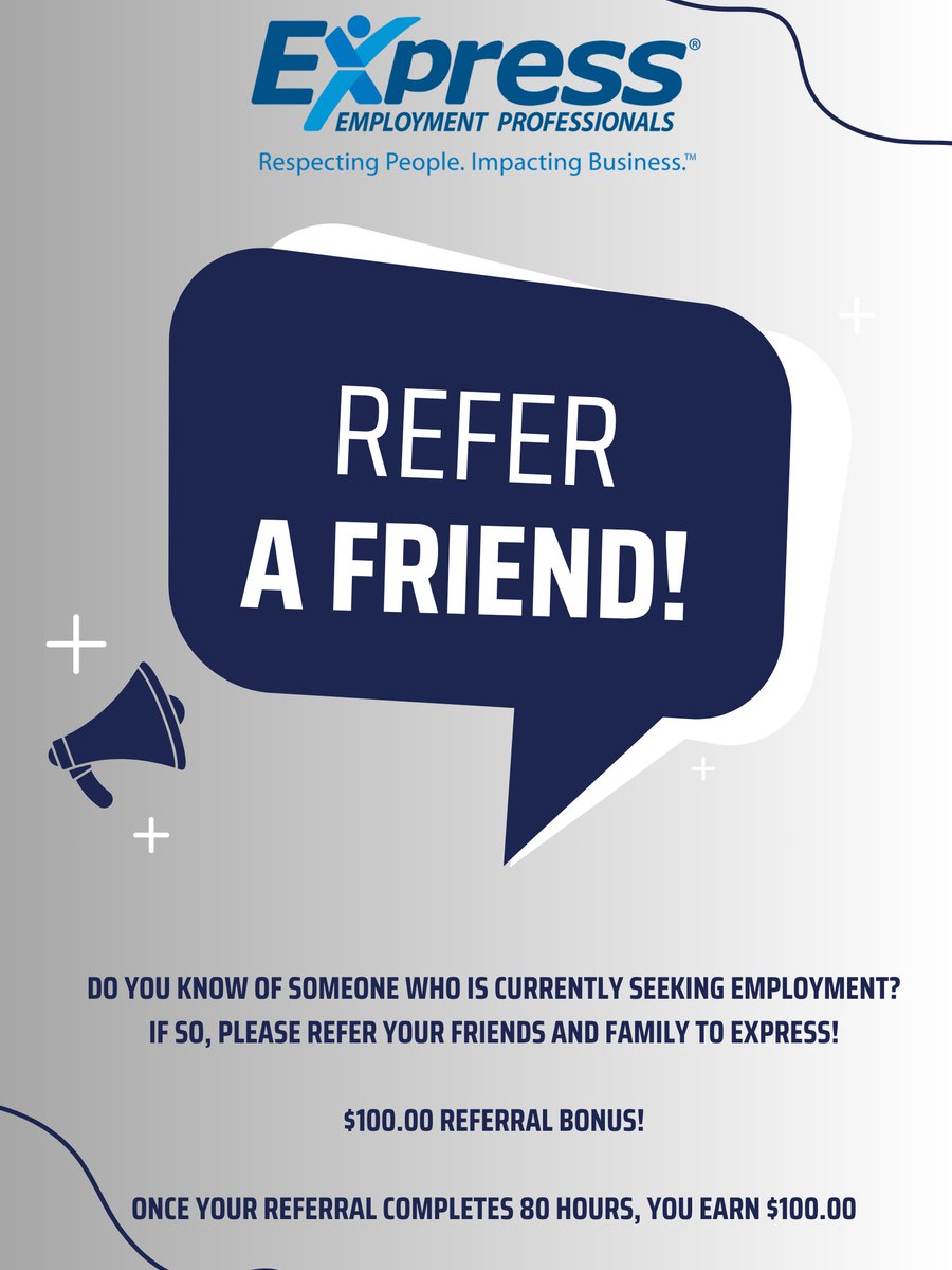ExpressNorthATX's tweet photo. 💰 REFER A FRIEND OR FAMILY MEMBER &amp; EARN A BONUS! 💰

Know someone looking for work? Send them our way! 🎉
We’re hiring for multiple positions and offering a referral bonus when your referral goes to work and meets eligibility requirements.

✅ Manufacturing
✅ Warehouse
✅... https://t.co/z6oK3kBTCG