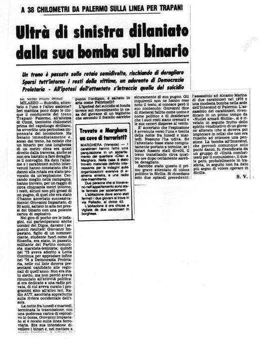Il #9maggio, come ogni anno, mi piace ricordare come il Corriere della sera, allora diretto dal Di Bella sr, scoperto poi a far parte delle liste della P2, diffuse la notizia del ritrovamento di Peppino Impastato, ucciso dalla mafia su ordine di suo zio  Tano Badalamenti.