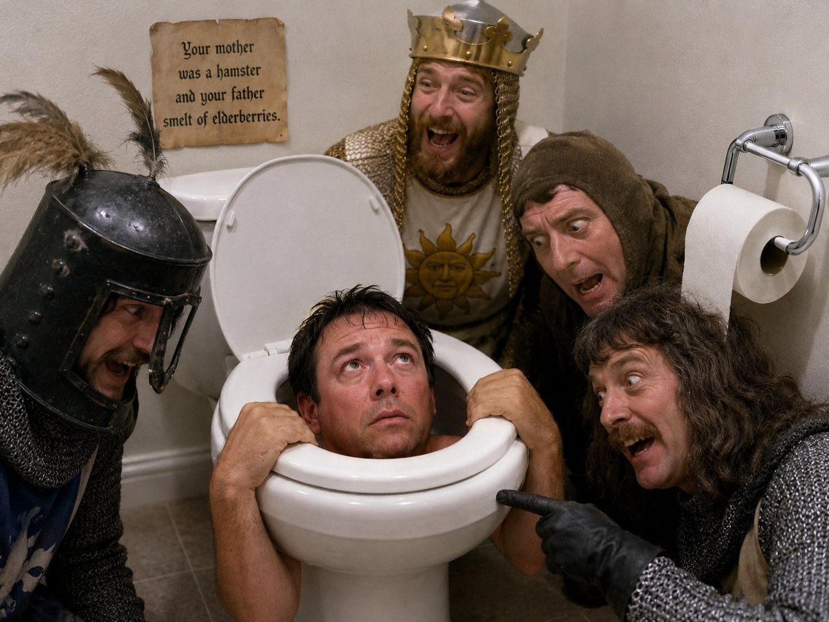 HiLevelMedia's tweet photo. @icreatelife Saw a few toilet related images passing by. Weird....Here's my second run after adding the following line to the initial prompt: Now do the same post-production, but based on the absurdist humor of Monty Python. 😂😂 https://t.co/aQJ7R8u78u