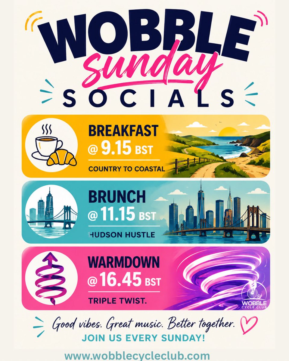 CycleWcc's tweet photo. 🌞 WOBBLE SUNDAY SOCIALS 🌞

Three chances to move, vibe &amp; connect this Sunday 💃✨

☕ Breakfast @ 9.15 BST
🚴 Country to Coastal

🥂 Brunch @ 11.15 BST
🔥 Hudson Hustle

🌀 Warmdown @ 16.45 BST Triple Twist! 

Who’s joining us this Sunday? 🙌 https://t.co/UL5lrotIo1