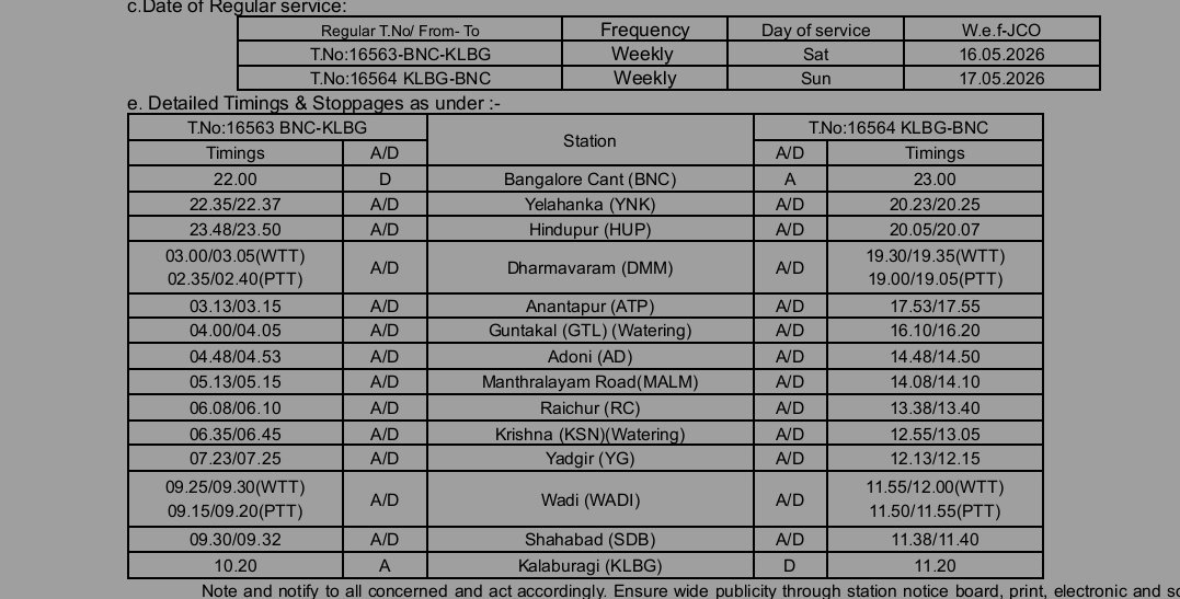 KARailway's tweet photo. Regularisation of Bengaluru -Bidar/Kalburagi trains https://t.co/5rkmdlI6JO