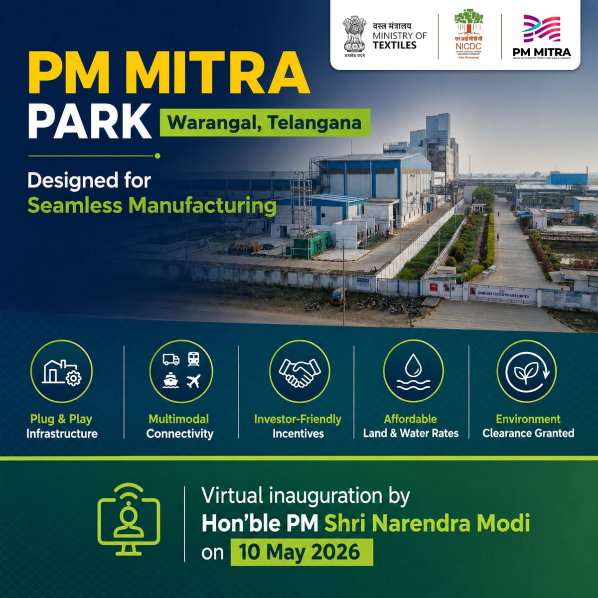 PMMITRAofficial's tweet photo. Designed for efficiency and scale, PM MITRA Park Warangal offers a future-ready ecosystem with plug-and-play infrastructure, seamless connectivity, and investor-friendly policies.

Every feature is built to accelerate manufacturing and enable global competitiveness. https://t.co/9e4eBEmKT5