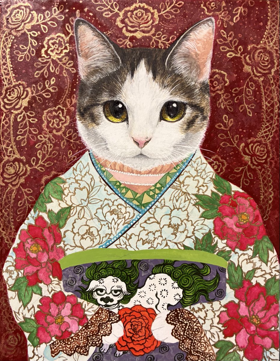 けいページ　お取り置き中　自作絵画　お気に入りの一輪　猫とネズミの絵 お客様の猫ちゃんを描かせていただきました！ 猫ちゃんを描くという