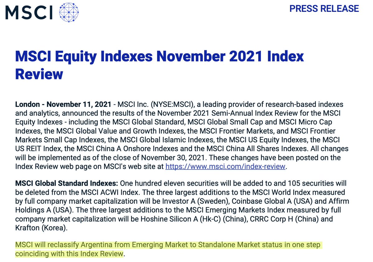 Waktu jadi stand alone, saham2 Argentina baru resmi dikeluarkan dari MSCI Index Review pada SAIR Nov...
