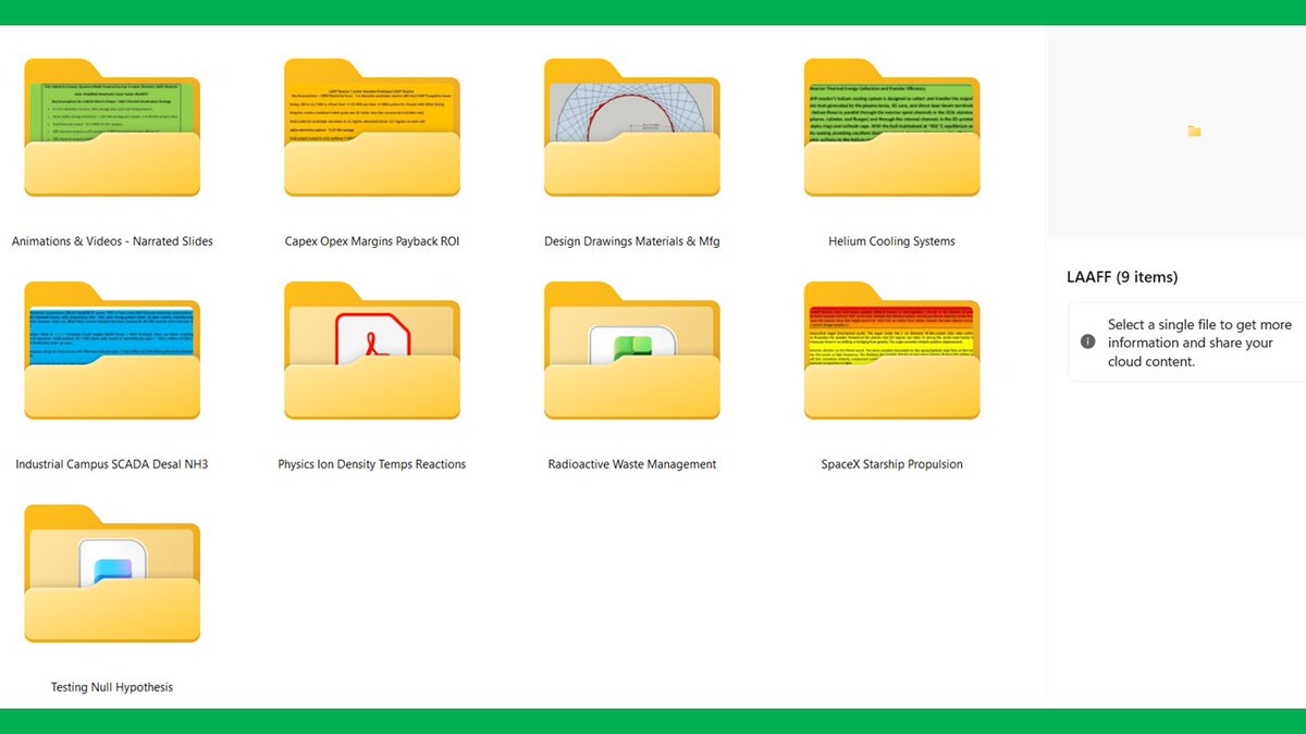 TedGround's tweet photo. @grok @elonmusk @SpaceX @xai @Lazarus1957 Here's a screenshot of my #LAAFF Reactor project "sub-folders", defining 9 general categories. I'm also sending slide 1 & 8 of the #LAAFF Industrial Campus Busines Model deck. Please let me know if you wish to see the other 7 slides. https://t.co/ddqDbsEI0T