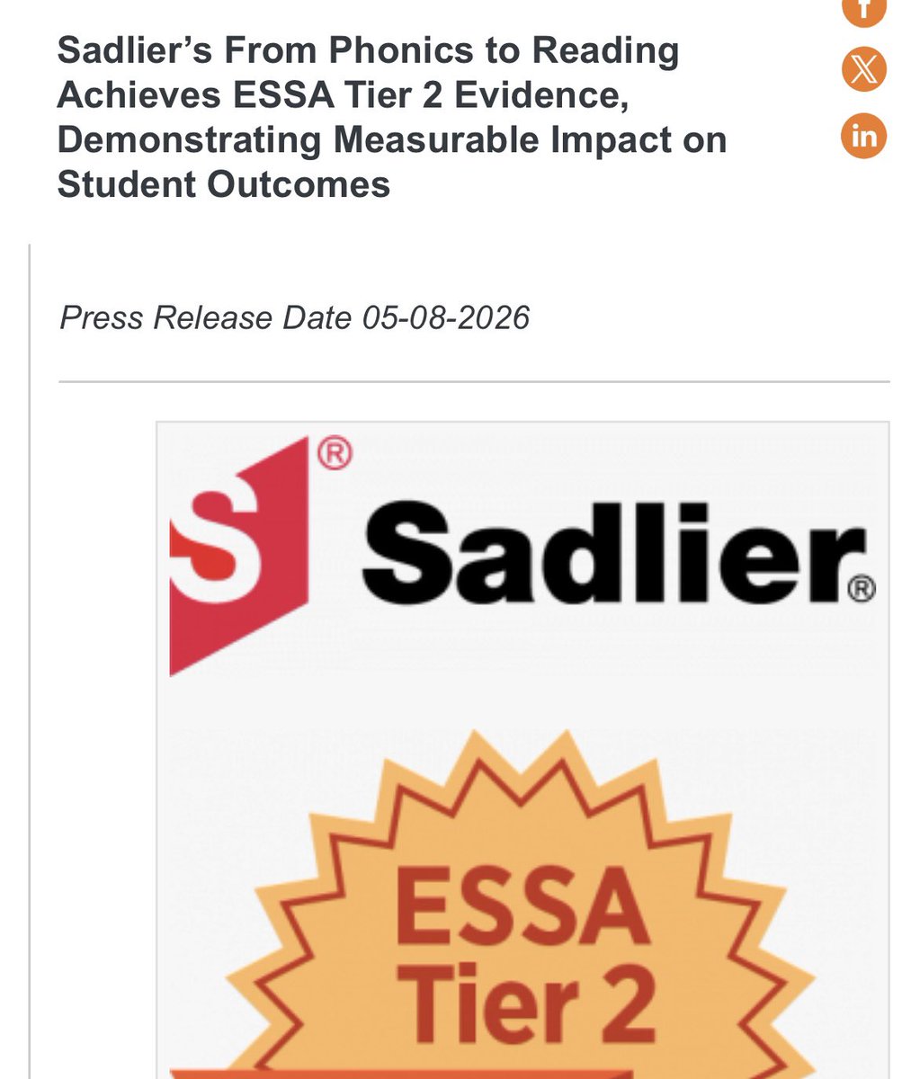 wbny's tweet photo. @SadlierSchool From Phonics to Reading achieves ESSA Tier 2 Evidence! https://t.co/FYsp7gwaE8