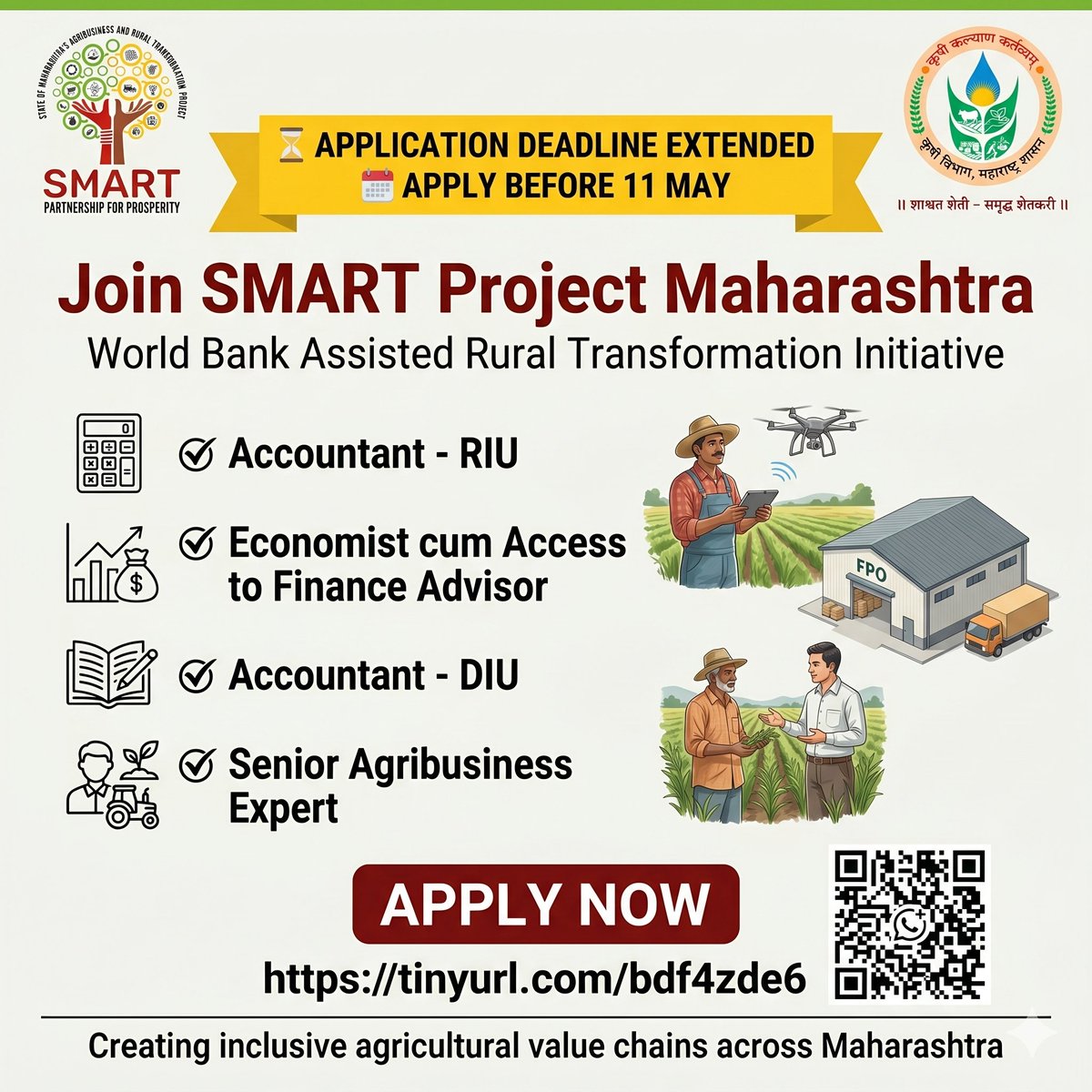 SmartAgriMarket's tweet photo. ⏳ Extended Opportunity | SMART Project Recruitment
Applications for select positions under the Hon. Balasaheb Thackeray Agribusiness &amp; Rural Transformation (SMART) Project have now been extended till 11 May 2026. https://t.co/0vy0dgNdi0
