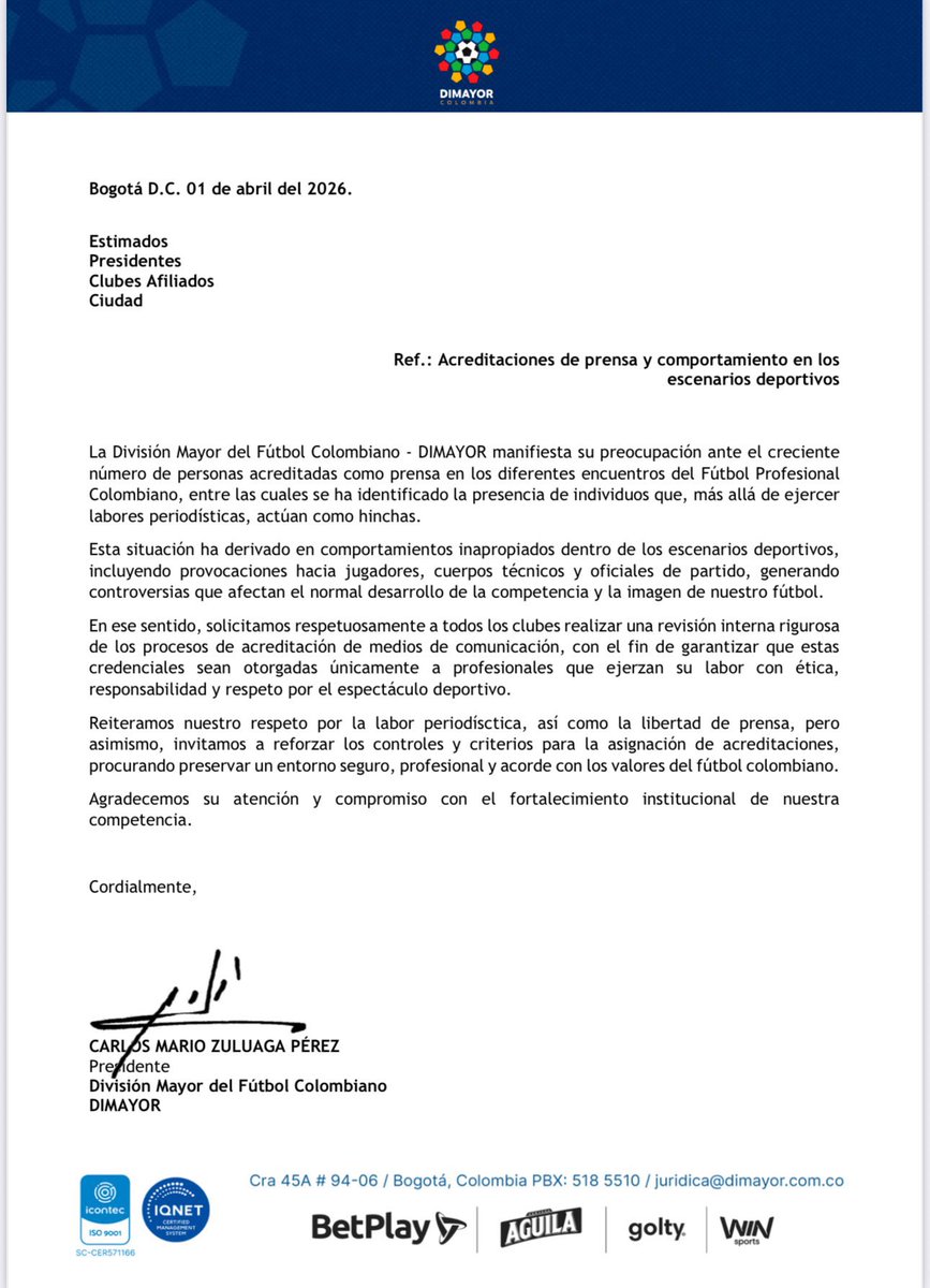 Rauldc's tweet photo. Que peligro esto, quieren volver a los tiempos donde solo se acreditaban a los amigos de la Dimayor, a los que no critican... Lo de Zuluaga al frente de la Dimayor es de terror https://t.co/T0ysiRxvwl