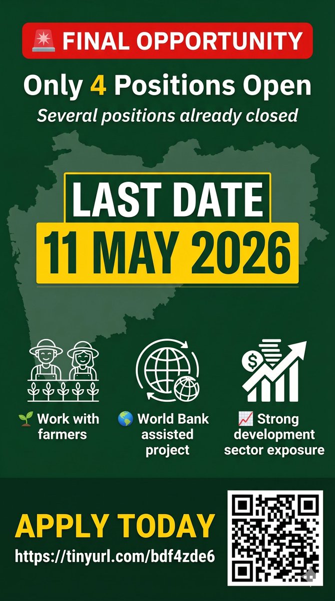 SmartAgriMarket's tweet photo. This World Bank assisted initiative is working towards strengthening agricultural value chains and improving farmer livelihoods across Maharashtra. Only 4 positions are currently open. 📅 Last Date: 11 May 2026 📍 Locations across Maharashtra Apply here:👉 https://t.co/I9x7pV2fMQ https://t.co/ZB8sGrA3V9