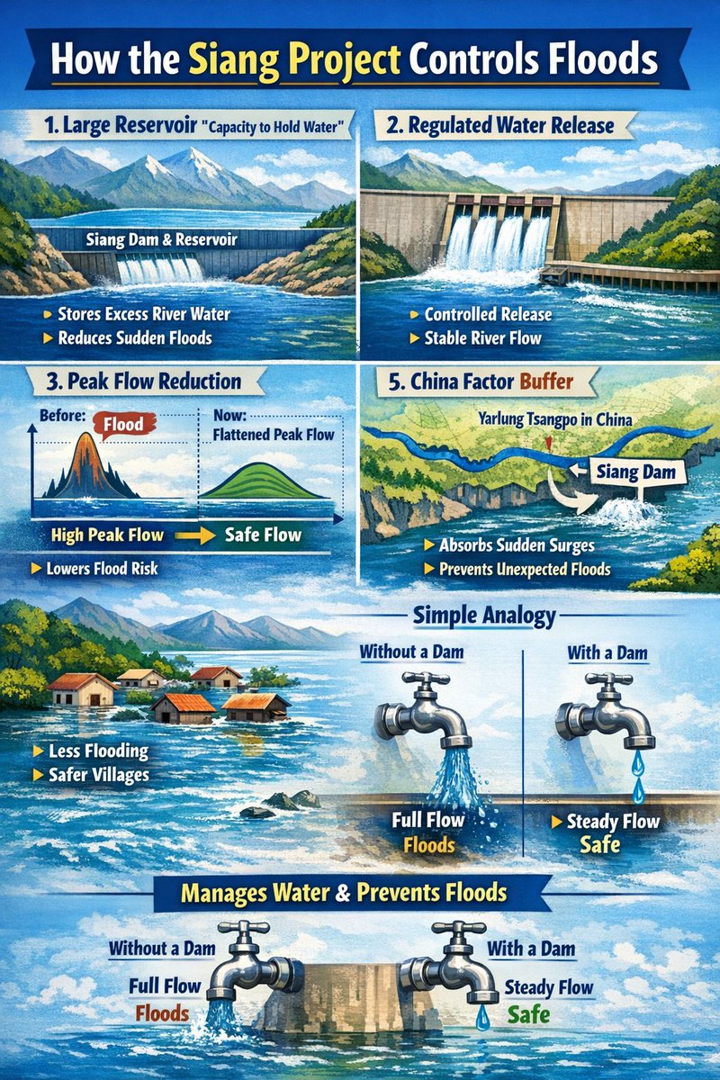 AP_Diaries's tweet photo. Siang Project: A Game Changer for Flood Control!
The Siang Dam regulates water flow, storing excess river water and releasing it safely, reducing flood risk and ensuring safer communities.
#FloodControl #SiangProject #SustainableWaterManagement https://t.co/1ncH3ep4Ns