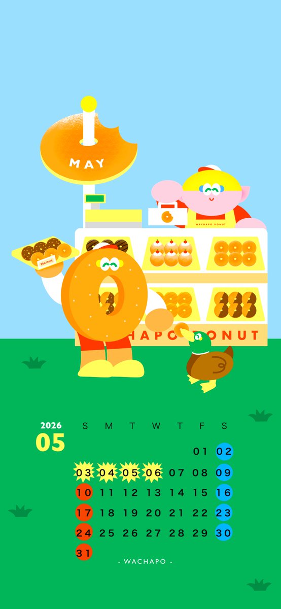 wachapo_'s tweet photo. 🍩 M҇A҇Y҇ 🍩

5月のカレンダーです
こんがり揚がったドーナツたちを並べながら
わちゃぽたちが元気に営業しています👨‍🍳✨️

みんなはどんなGWを過ごしたのかな？

新年度のバタバタが少し落ち着いてくる頃だと思うので甘いもの食べて休憩しながら過ごそう〜☕️
┈
利用の際は♥/RP/フォロー嬉しいです https://t.co/hZqHKpSHzj