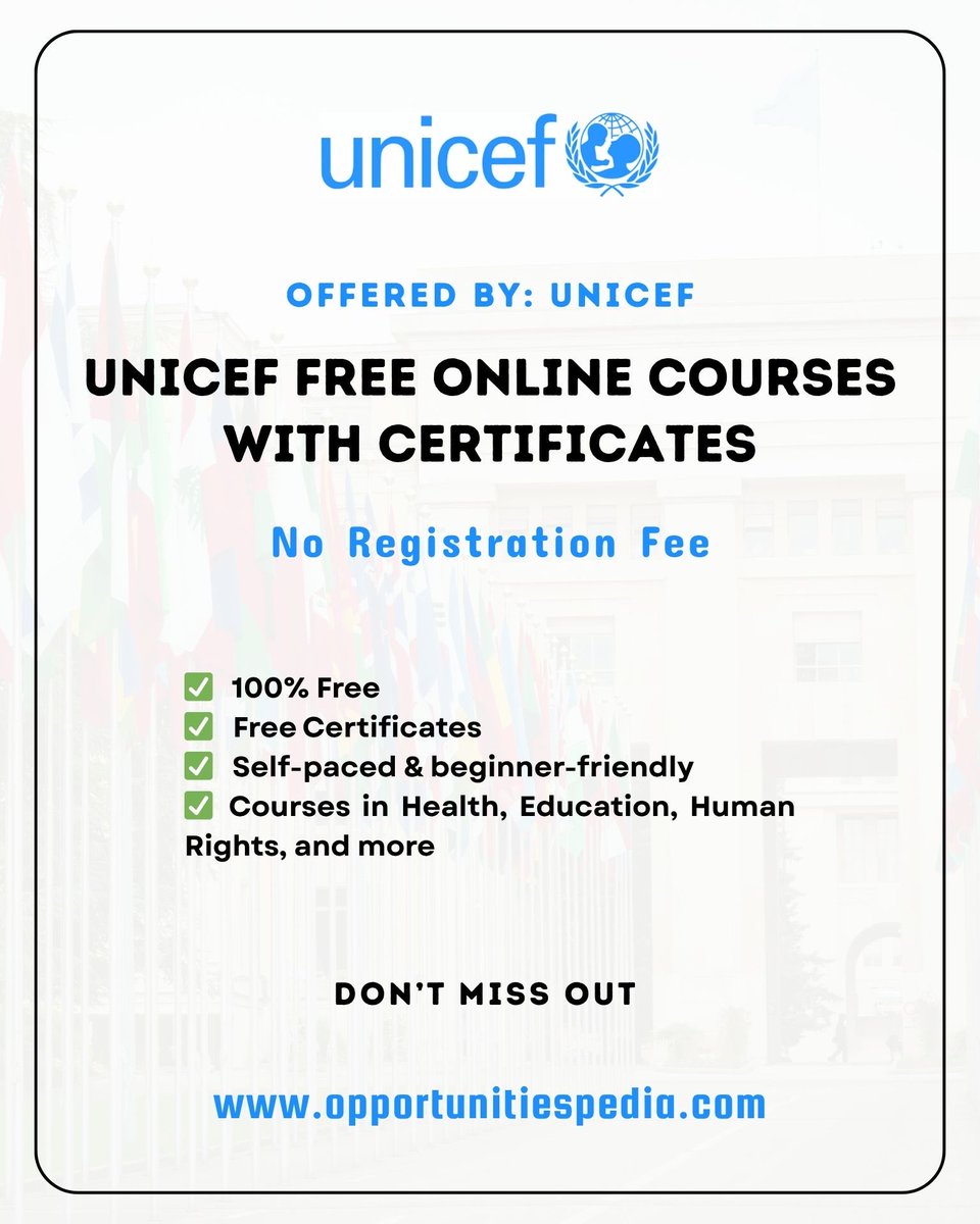 Opedia3's tweet photo. UNICEF Free Online Courses 2026 | Get Certified for FREE! 🌍

📚 Learn at your own pace with UNICEF’s free courses – open to everyone, anytime, anywhere!

✅ 100% Free
✅ No registration fee
✅ Free Certificates
✅ Self-paced & beginner-friendly
✅ Courses in Health, Education, Human Rights, and more

Details Link: https://t.co/z14Q5L7M3J

#OpportunitiesPedia #UNICEF #FreeCourses #OnlineLearning #FreeCertificates #LifelongLearning #UNICEFCourses2026 #SkillUp #Scholarships2026