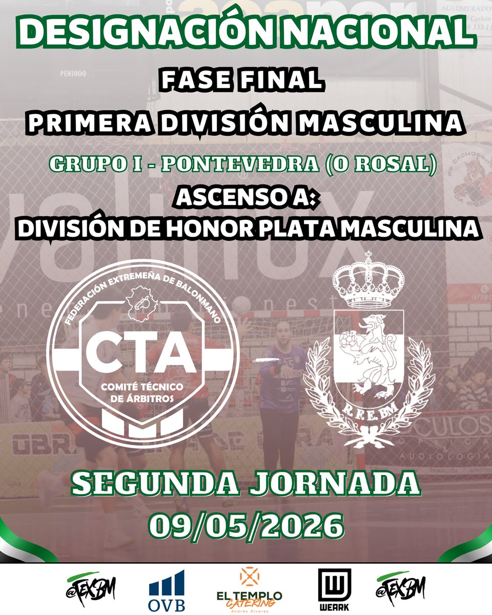 bm_cta's tweet photo. 🍀Esta tarde nuestros compañeros Juanma y José Domingo dirigirán su segundo encuentro en la Fase de Ascenso a División de Honor Plata Masculina, que se está celebrando en O Rosal (Pontevedra).

Además, este partido supondrá el último encuentro de Juanma Vinagre a nivel nacional. https://t.co/2nPSoq7ghA