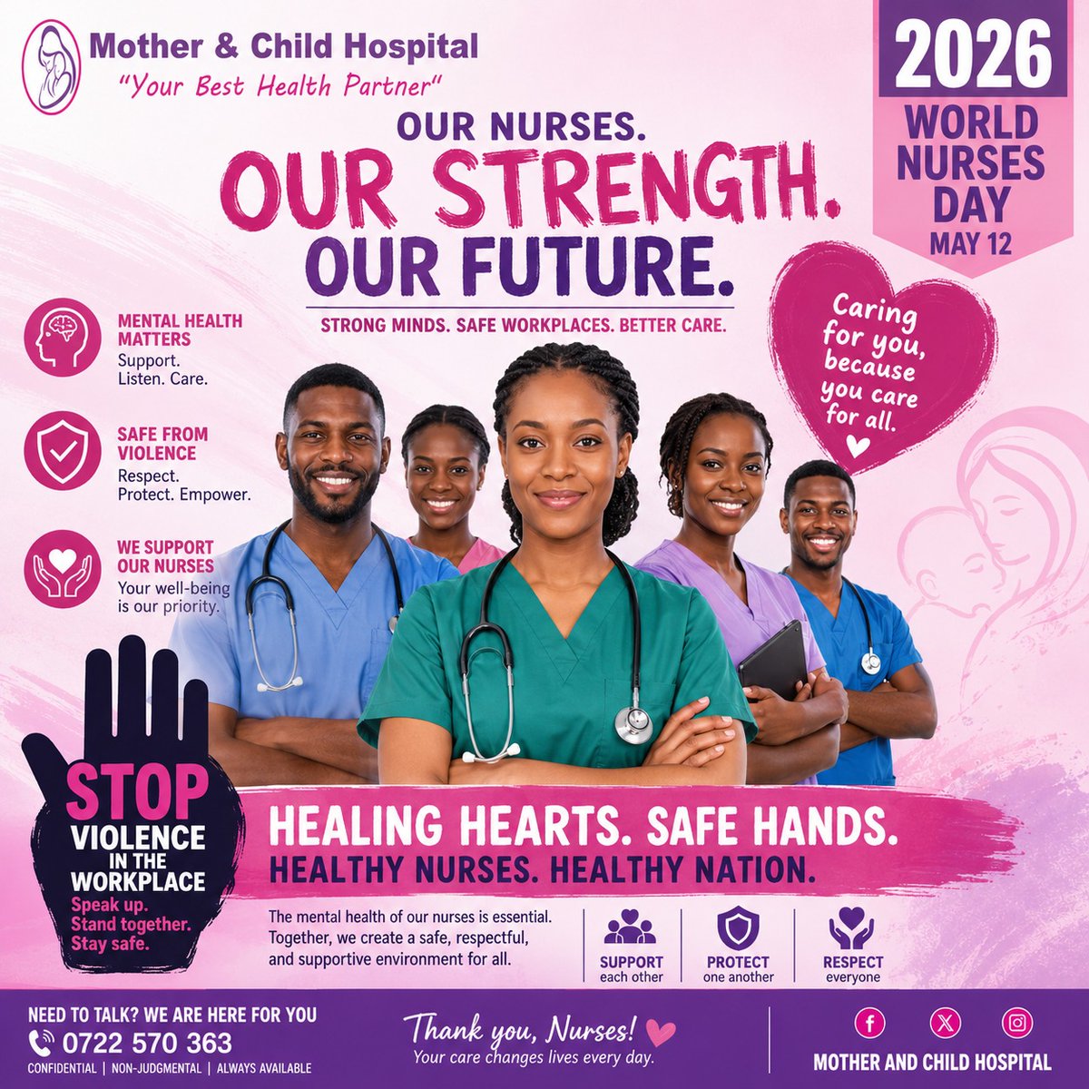 mchsocials's tweet photo. Our nurses give everything.This #WorldNursesDay, we’re giving back.
Mental health support.Zero-tolerance for violence.A safe workplace.
Because healthy nurses build a healthy nation.💙
#NursesWeek2026 #SafeHands #MentalHealthMatters #StopWorkplaceViolence #MotherAndChildHospital https://t.co/9HH49ndJf8