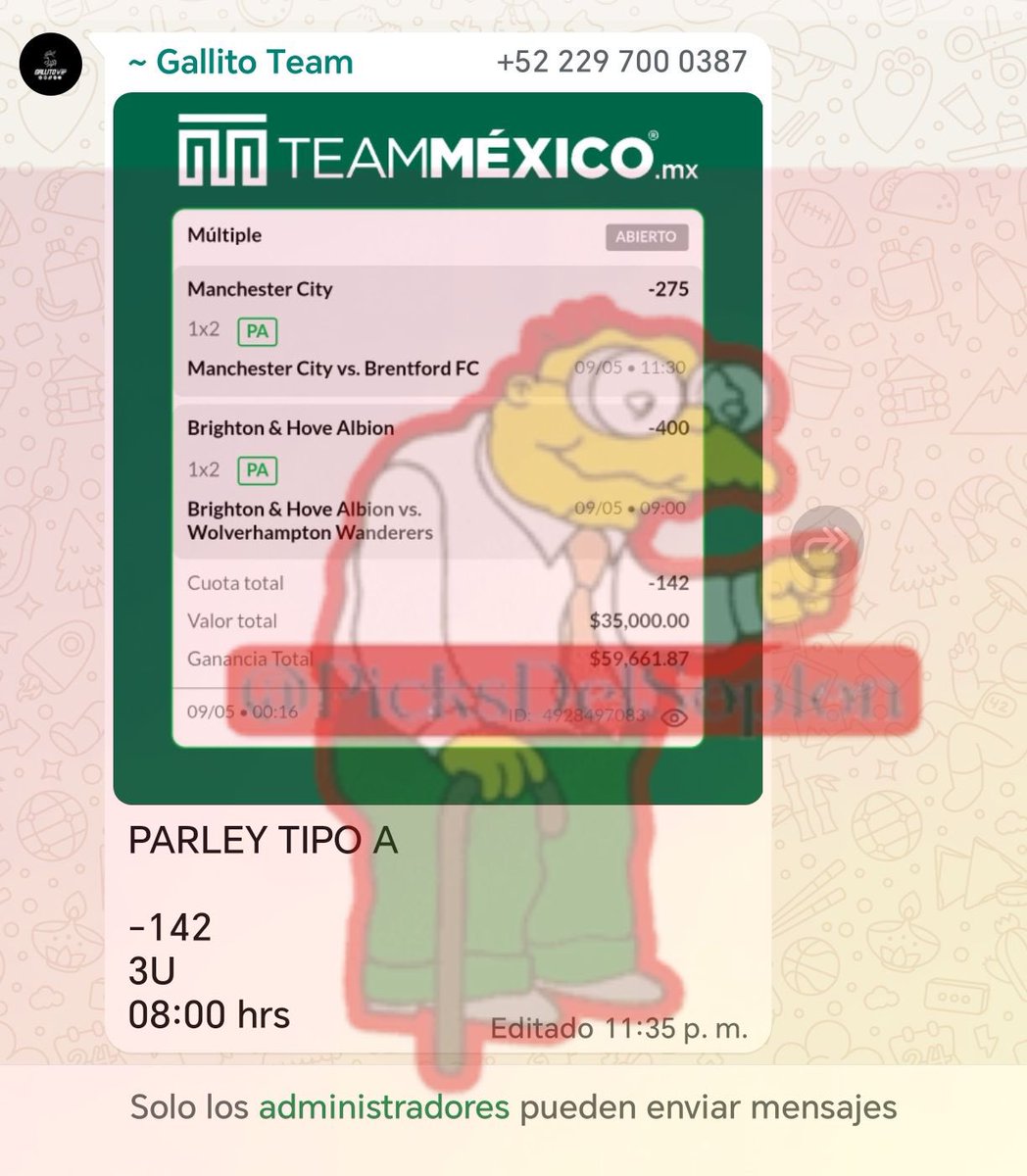 PicksdelTopo's tweet photo. PARLAY LISTO 🔥
Gallito Team
Manchester City 1X2 (-275)
Brighton 1X2 (-400)
Cuota Total: -142
Stake: 3U ($35,000)
Posible Ganancia: +$59,661.87 💰
¡Parley Tipo A listo para el 09/05!
#GallitoTeam #Parley #ApuestaSegura https://t.co/JdpEapFC4I