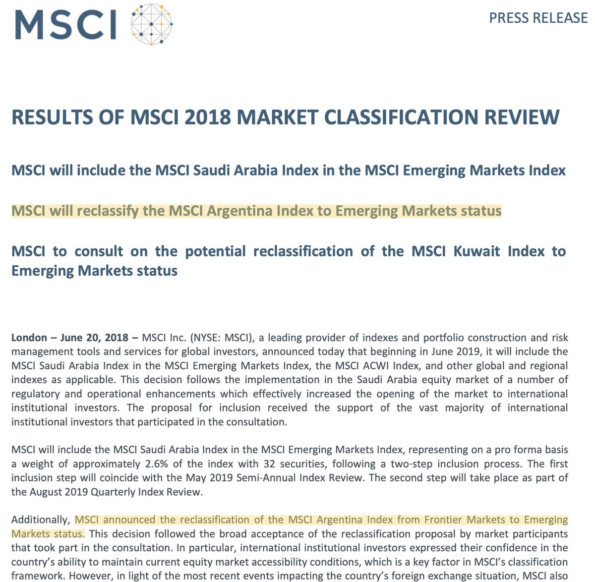 Argentina adalah negara yang bolak balik promosi dan demosi dalam MSCI

Pada Juni 2018, Argentina pr...