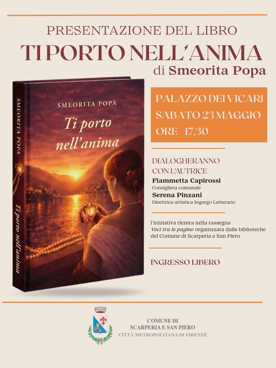 SmeoritaPopa's tweet photo. 📖 Con grande emozione vi #invito alla #presentazione del mio #romanzo #TiPortoNellAnima ✨
Sarà per me un piacere condividere con voi questo momento così importante❤️
📍 Palazzo dei Vicari – Scarperia e San Piero (FI)
🗓 Sabato 23 maggio 2026
🕠 Ore 17,30
#SmeoritaPopa https://t.co/S3k9jvRUmX