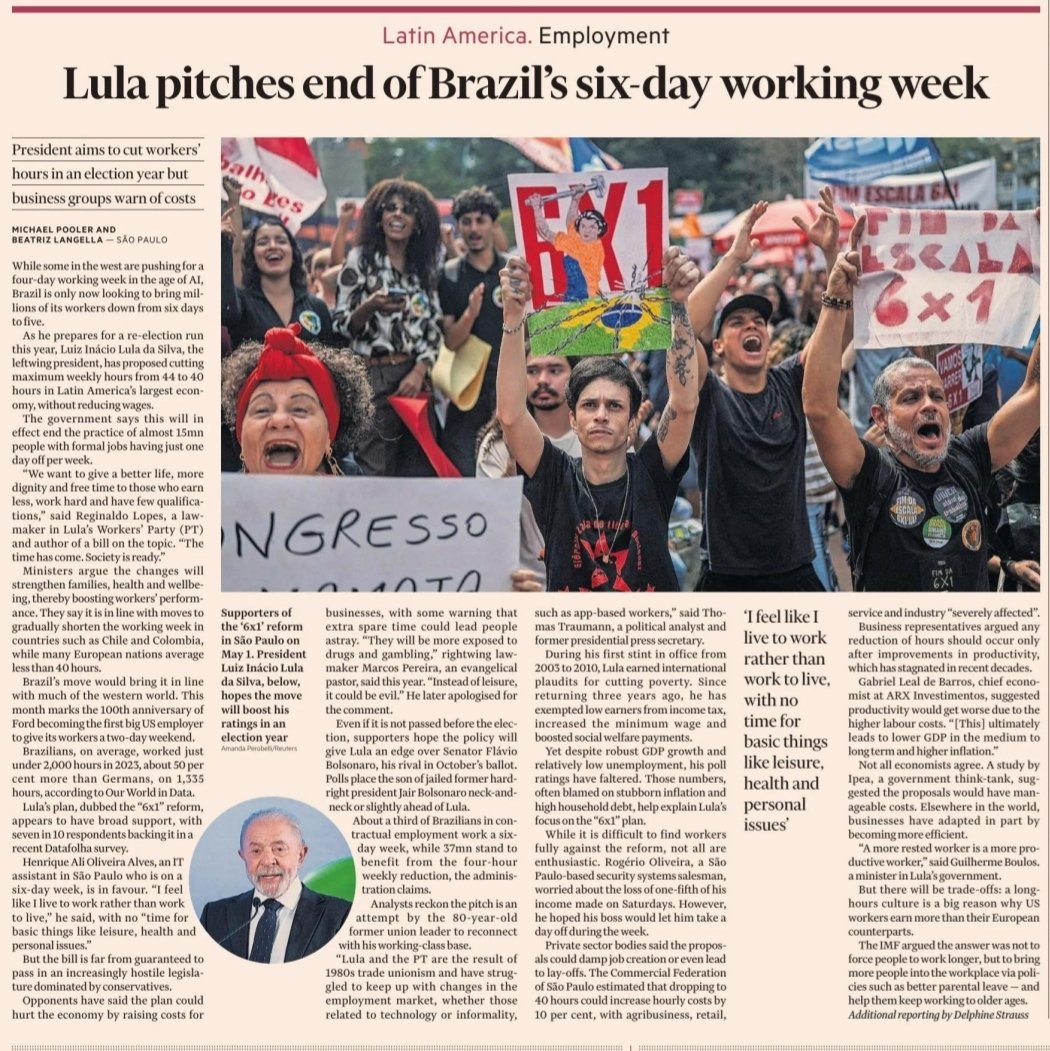 Deu no impresso do Financial Times neste fim de semana: Lula quer reduzir jornada laboral do trabalhador brasileiro e alinhar o país a práticas já estabelecidas em economias desenvolvidas.