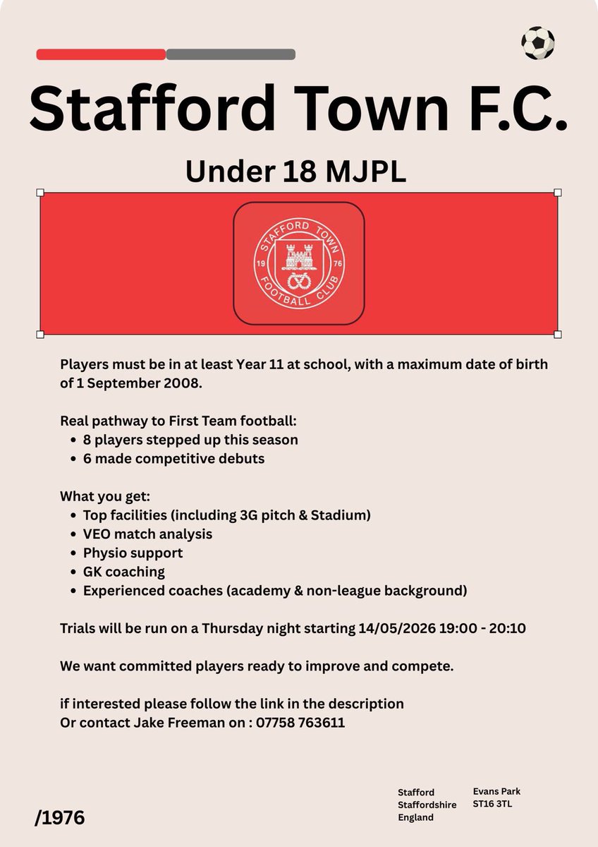 StaffordTown1st's tweet photo. 🚨 U18’s trials! 🚨

Next season we will be running 2 u18’s teams at the club. One playing Saturday mornings in the MJPL, and one midweek floodlit team! 

We will be holding open trials over the summer starting on the 14th May. 

All the information that you need is in the posters. 

If your son is interested in attending our trials, please complete the form following this link: https://t.co/us9PMyO6bI

#UpTheTown