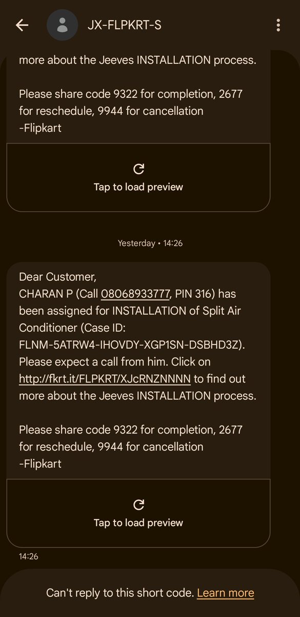 hs_amith's tweet photo. @flipkart The Jeeves scam: They send an SMS with a reschedule code we shouldn't share, then never show. They call at 23:00 just to log "contacted" and delay by 3 days. Complained to @flipkartsupport about late calls, yet Jeeves STILL calls me at night! This is pure harassment! https://t.co/jaSYz7RNKo