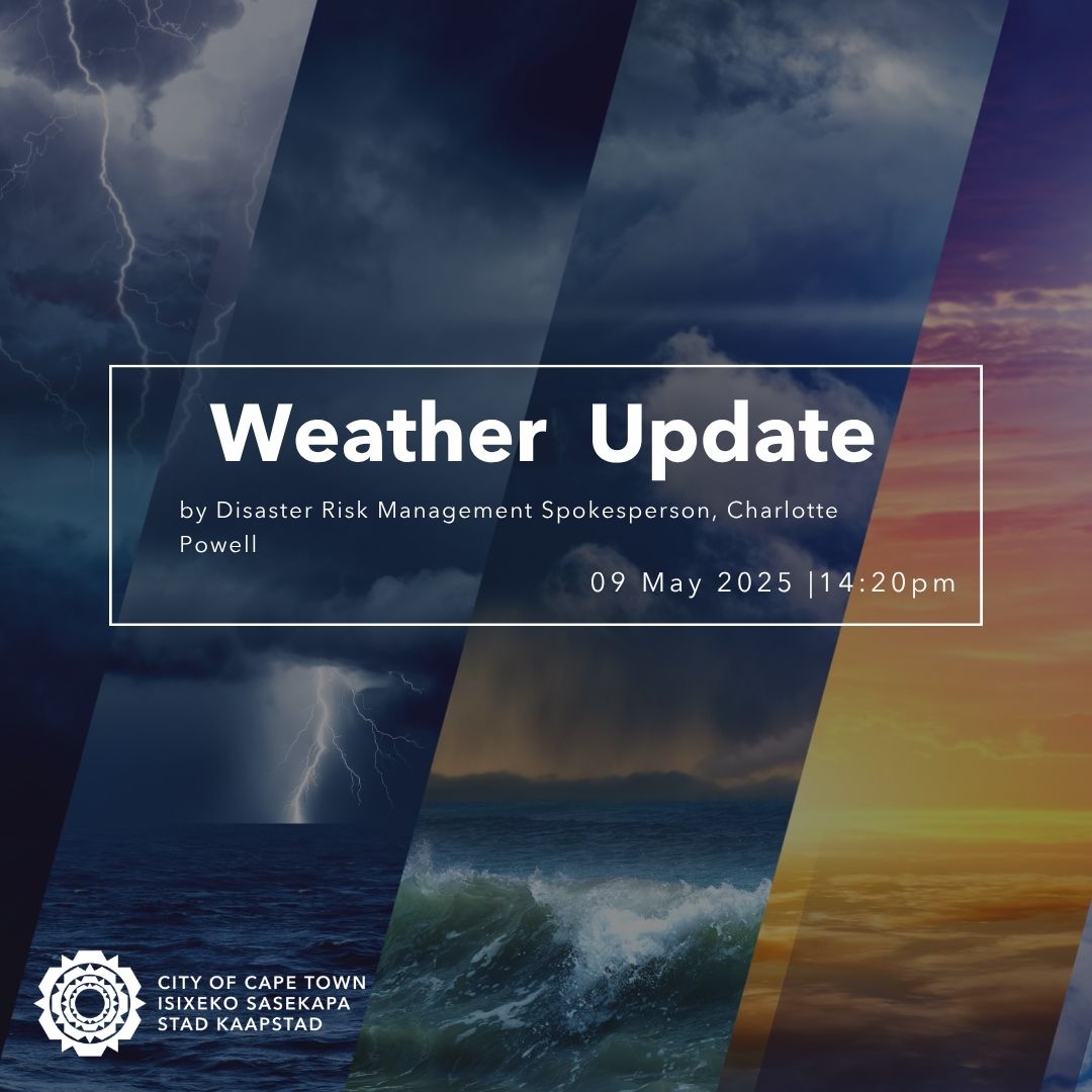 CityofCT's tweet photo. WEATHER ADVISORY UPDATE – CHARLOTTE POWELL, DISASTER RISK MANAGEMENT SPOKESPERSON

In addition to the existing advisories issued by SAWS, they have now also elevated the warning to orange level 8 for disruptive rainfall from Sunday evening into Monday, 11 May. https://t.co/tptf6t9vc9