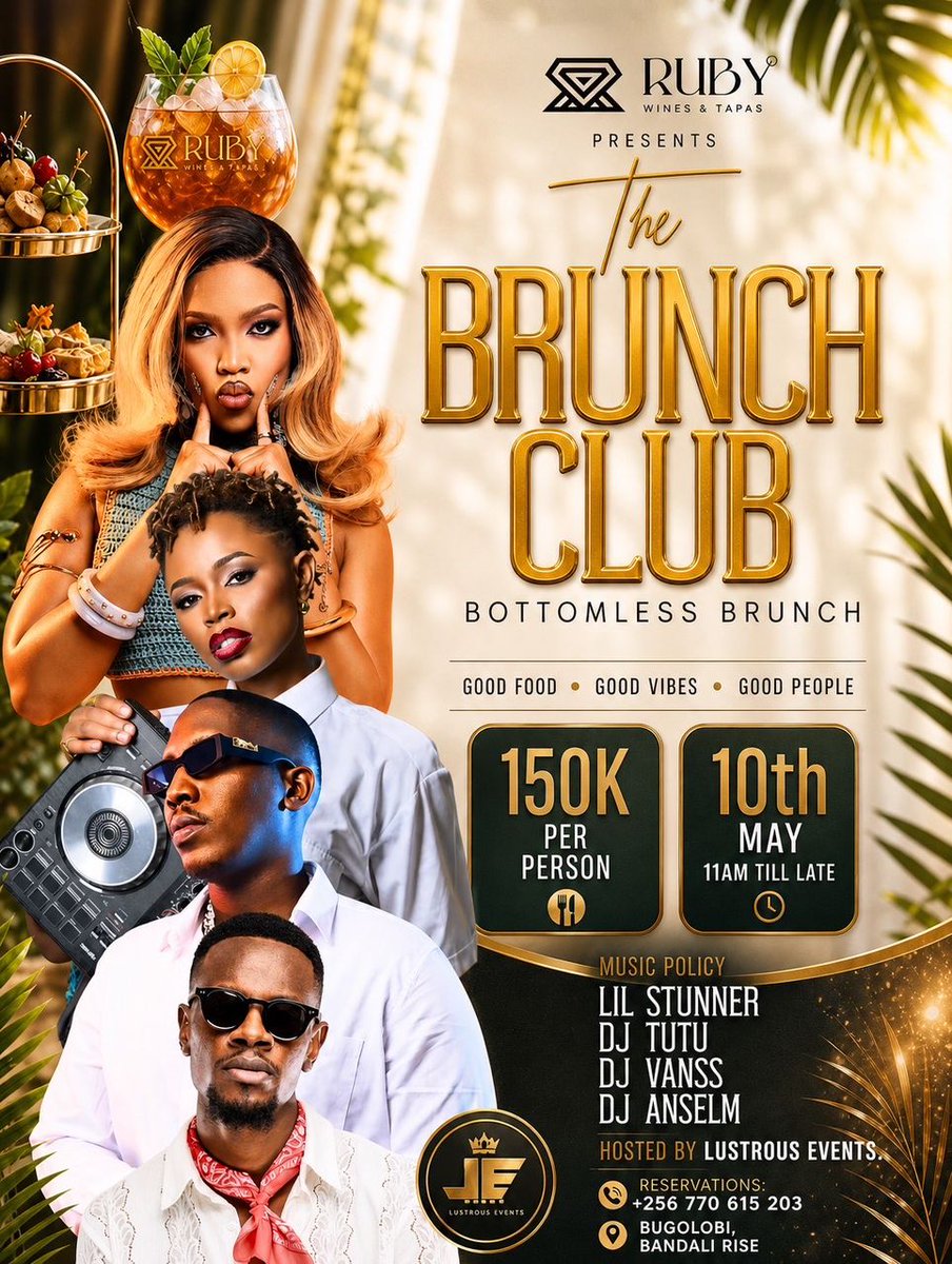ElvisTrich's tweet photo. Join us for The Brunch Club at Ruby Wines & Tapas and enjoy a premium bottomless brunch experience filled with amazing cuisine, cocktails, and elite entertainment.
#TheRubyBottomlessBrunch

Music by:
🎧 DJ Tutu
🎧 Lil Stunner
🎧 DJ Vanss
🎧 DJ Anselm

📅 Saturday, 10th May
⏰ 11AM till late
💰 150K per person
📍 Bugolobi, Bandali Rise
📞 Reservations: +256 770 615 203