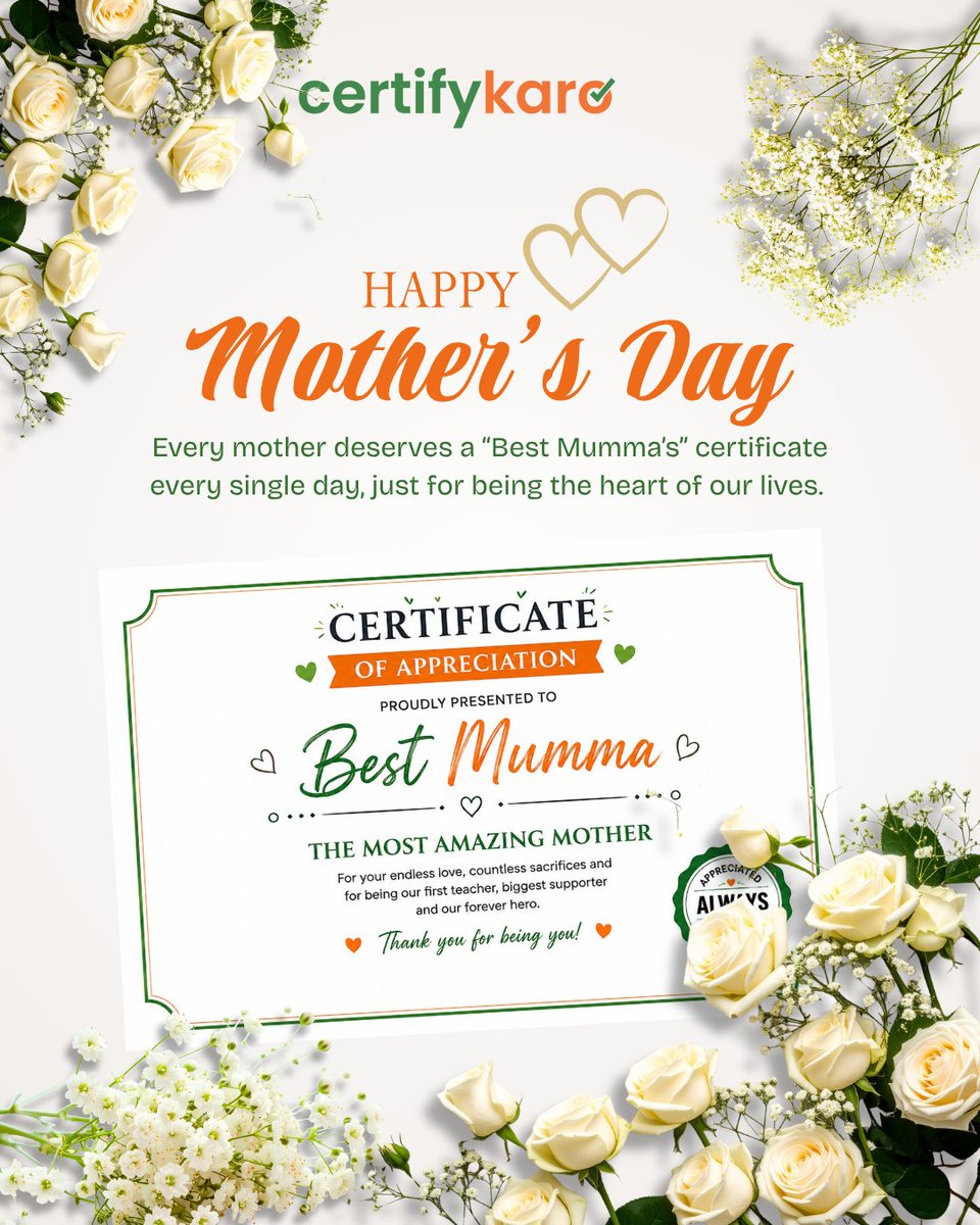 certifykaro's tweet photo. Every mom deserves a “Best Mumma” certificate 🤍🌸For the endless love, sacrifices &amp; support — Thank you, Mom 💐
Happy Mother’s Day ✨#HappyMothersDay #BestMumma #MomLove #Motherhood #ThankYouMom #Maa https://t.co/bLKhuQtMZ7