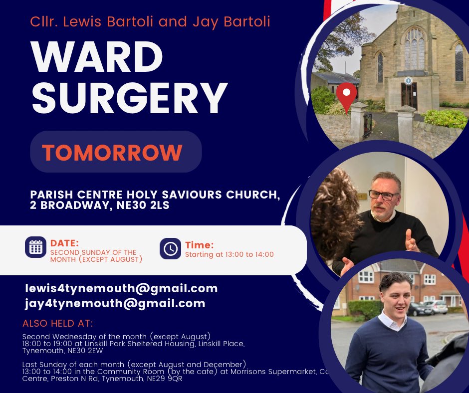 Lewis4Tynemouth's tweet photo. Campaigning is over — now it’s straight back to work.

Councillors Lewis and Jay Bartoli will be holding a joint ward surgery tomorrow at the Parish centre, Holy Saviours Church, 1pm–2pm.

Please feel free to call along with any local issue or concern. https://t.co/Kh1sWQ60np