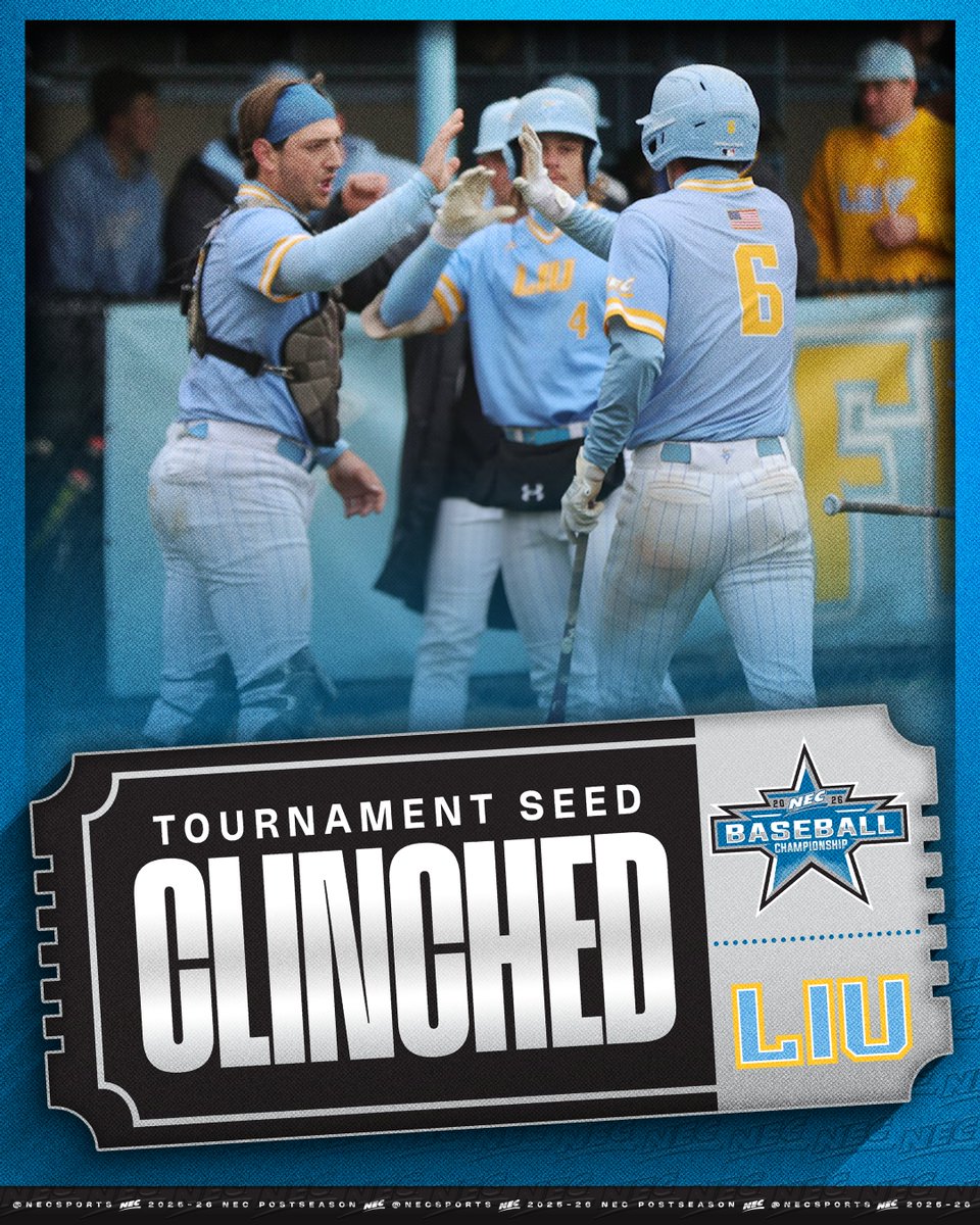 necbaseball's tweet photo. ⚾️𝗧𝗢𝗨𝗥𝗡𝗔𝗠𝗘𝗡𝗧 𝗕𝗘𝗥𝗧𝗛 𝗖𝗟𝗜𝗡𝗖𝗛𝗘𝗗:🦈

After their two wins yesterday, @LIU_Baseball has secured its spot in the NEC Tournament for the sixth straight season.👀

#NECBaseball x #NECchamps🏆 x @LIUAthletics https://t.co/XeKS4TfOyn