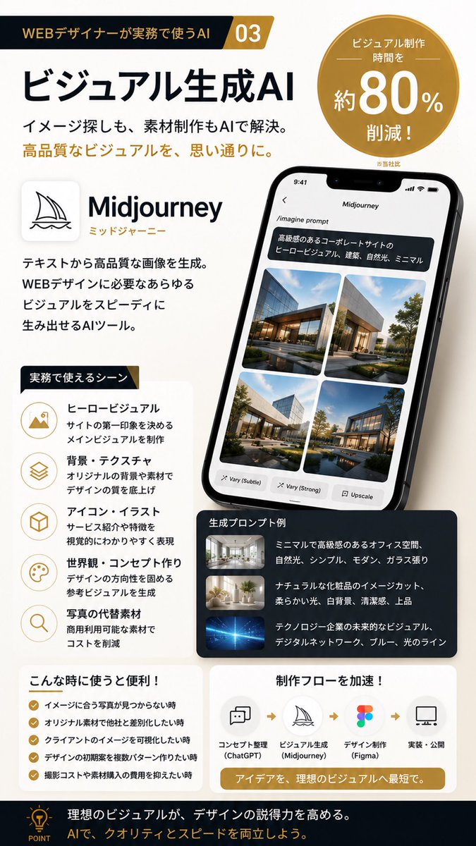 draflux_jp's tweet photo. WEBデザイナーが実務で使うAI 4選

「AIって結局なに使えばいいの？」  実際の制作現場で
使われているAIをまとめました

✔ 構成作成 ✔ コピー生成 ✔ ビジュアル制作 ✔ UI設計

AIは仕事を奪うものではなく、 「考える時間」と「制作速度」を増やすツール https://t.co/WPXqKEIDFI