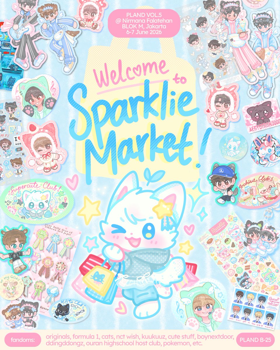 [🩵 &amp; 🔄 are super appreciated!]

Sparklie Market #PLandArtMarket 
#PLandVol5 Catalog 🐈🪽

🛒 Pick Up ~ 16 May
💌 Mail Order ~ tba

🍦B25 both days 
🥟originals, cats, f1, cute stuffs, ohshc, nct wish, yuriku, boynextdoor, ddz

⏬️ order forms &amp; GIVEAWAY down below! ⏬
(1/11)