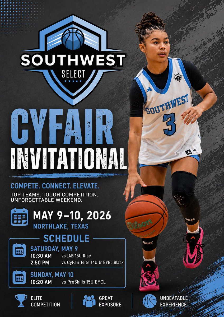 JaylaWhitehurst's tweet photo. SW Select Gold 15U headed to the CyFair Invitational in Northlake, TX. @SW_Select3SSB
📍 Northlake, Texas
📅 May 9–10, 2026
#SWSelect #3SSB #GirlsBasketball #PointGuard #BasketballNeverStops #Hoopers #AdidasBasketball #CyFairInvitational #ClassOf2030 https://t.co/w3mYzEPofn
