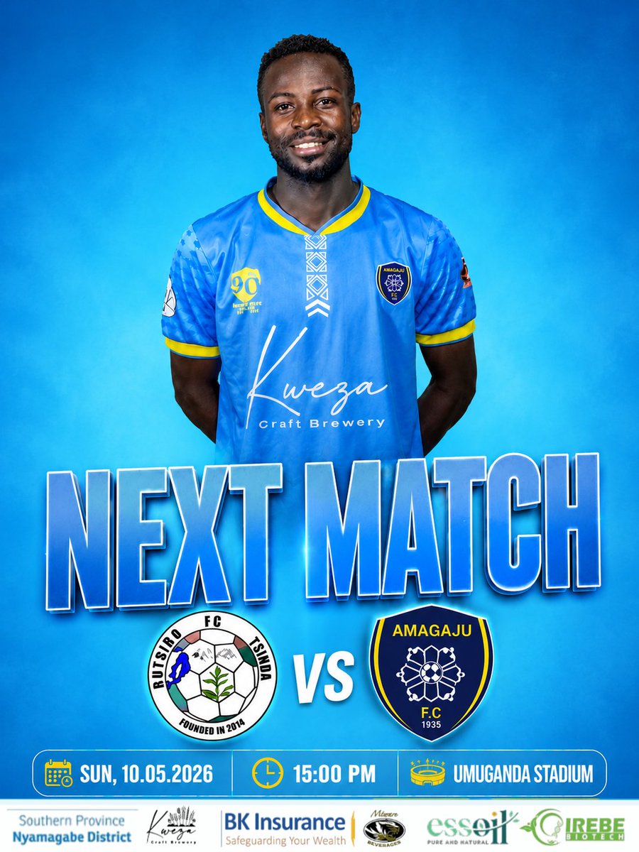 AmagajuL's tweet photo. 📢 OFFICIAL MATCH ANNOUNCEMENT
Amagaju FC will face Rutsiro FC this Sunday, May 10  2026, at Umuganda Stadium. Kick-off is scheduled for 3:00 PM.

#AmagajuFC  #Inkuba zesa
#BKProLeague #BankiYaRuhago https://t.co/EvFrmktQI9